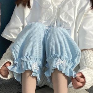 Capris Japanese Lolita Womens Kawaii High Waist Corduroy Pants Sweet Bow Ruffles Wide Leg Sweatpants Girly Clothing Loose Cute Trousers