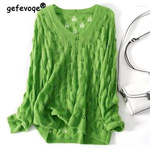 Women's Sweaters Summer Oversized Sexy Hollow Cover-up Thin Knitted Trendy Casual Solid V Neck Long Sleeve Crochet Pullover Tops