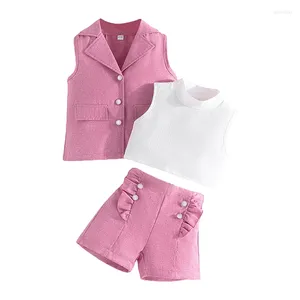 Kläder sätter barn tjej sommarkläder fast färg ärmlösa tank tops knappar blazer maistcoat ruffles shorts 3pcs kläder set