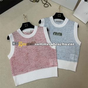 Crew Neck Knit Vest Rhinestone Letter Knit Tops Embroidered Sweater Sleeveless Vest Cropped Sweater Fashion Camisole