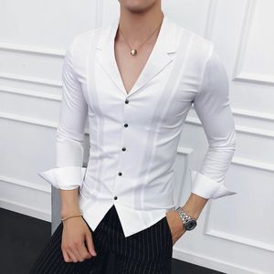 Män kläder högkvalitativa våren långärmad skjortor/manlig V-ringning Slim Fit Casual Business Dress Shirts Plus Size S-4XL 240307