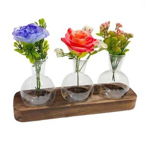 Vasi Fioriera per terrari in vetro Pianta idroponica Vaso da fiori con supporto in legno Vaso da 3 pezzi per cucina Bagno Giardino