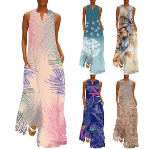 Casual Dresses Summer For Women 2024 Women's V Neck ärmlös Maxi Dress Print Beach Vacation Female Sundress