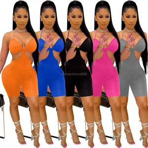 2024 Designer Sexig backless Rompers Kvinnor vår ärmlös ihålig Halter Jumpsuits Fashion Solid Bodycon Leggings Bulk grossistkläder