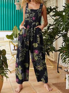 Kvinnor Jumpsuits Leaf Floral Print ärmlösa Suspender Overaller med fickor Summer Casual Loose Romper Female Plus Size S5XL 240301