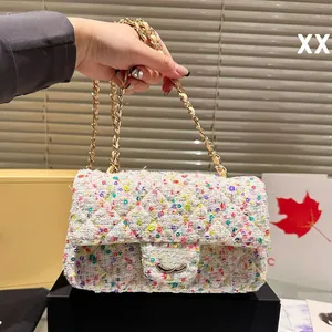 Paillettes colorate decorazione a maglia tweed designer sponnessa borsa classica lembo da 20 cm hardware in metallo catena matelasse a quattro colori da donna con borsetta del corpo