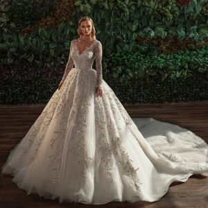 Luxuoso miçangas pérolas apliques renda ilusão v pescoço a linha vestido de casamento mangas completas trem real vestidos de noiva pode ser personalizado