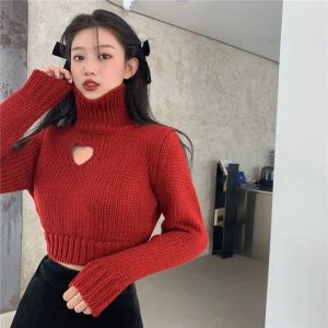Pullovers Women's Turtleneck Cropped Sweater Hollow Out Heart Sweater Sweet Solid Long Sleeve Pullover Women's Knitted Short Sweater Sweet