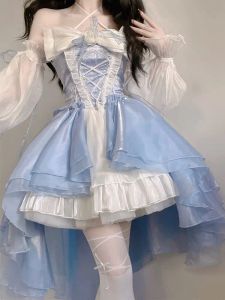 Kleid Prinzessin Geburtstag Party Kleid Lolita Kleid Schleife Blume Spitze Mesh Fantastische Fee Elegantes Langes Kleid FürDamen Robe Formelle Anlässe