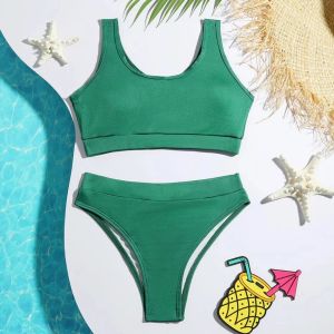 Stroje kąpielowe 2023 Solid Girls Swimsuit Kids Seksowne wysokiej talii Bikini 714 lata Dwukęmiowe dzieci dziecięce nastolatki Kąpiel Kąpiec Beach