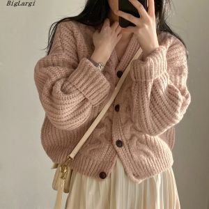 Cardigans tricotaram vneck suéter sólido Mulheres coreanas chiques suéter casual de escritório solto design fresco sense sweeathers