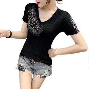 Europeisk station i realtid 2023 Summer New Heavy Craft Hollow Hot Rolled Diamond Short Sleeved T-shirt med smal passform och isilke hög elasticitet