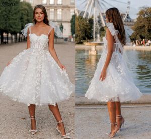 Fada arco cintas de espaguete curto uma linha vestidos de casamento romântico floral renda primavera boho jardim vestidos de noiva comprimento do chá tutu saia noiva pequeno vestido branco cl3362