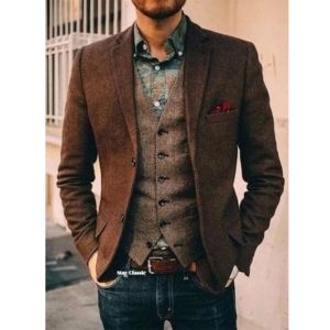 Jackor Herrdräkter Blazer kaffeklass krage singelbröstning Herringbone Tuxedo för bröllop tre fickor casual smal affärsjacka