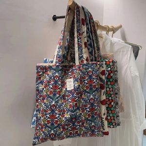 Eco Canvas Floral Women Shoulder Shopping Bag Cloth Reusable Foldable Grocery Shopper Tote Bags Girl s Fabric Bookbag Handbag 240306