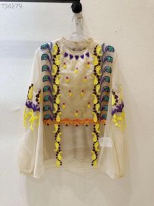 Женские блузки 2024, весенняя сексуальная прозрачная сетчатая рубашка с рукавами-фонариками и слингом, женская блузка, модные топы с вышивкой и блестками из бисера