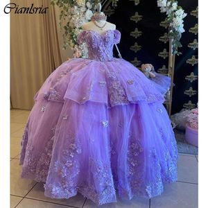 Liliak z aplikacji na ramię koralika suknia balowa sukienki Quinceanera Ruffles 3d Flowers Corset Vestidos de 15 anos