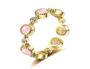 Bröllopsringar Dainty Female Pink Round Moonstone Ring Trendy Gold Color Open Engagement Söt vit kristall tunn för kvinnor9499137