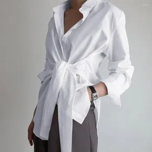 Women's Blouses White Black Blue Waist Lacing Buttons Asymmetric Shirt Women Chic Turn Down Collar Tops Long Sleeve Fashion Bluas