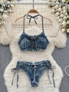 SINGREINY Retro Damen Bikini Denim Anzüge Sommer Neckholder Camis Mini Hose Dessous Mode Urlaub Badeanzüge Sexy BH Slip Sets 240305