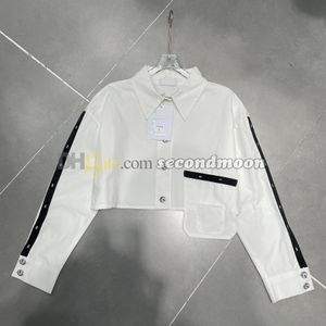 Women Cropped Blouses Rhinestone Buttons T Shirt Lapel Neck T Shirts Long Sleeve White Shirt