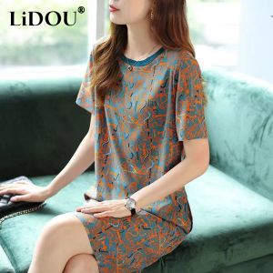 Dress Summer New Korean Style Fashion Print Loose Casual Midi Dress Ladies Short Sleeve Oversized Robe Comfortable Straight Dresses