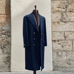 Куртки Твидовый шерстяной мужской плащ Длинное пальто на заказ Двубортное пальто Темно-синие мужские пиджаки Slim 2024