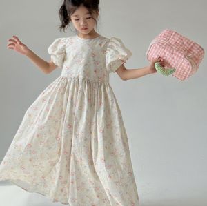 キッズフローラルプリントロングドレスガールパフスリーブプリンセスドレス2024夏の子供ビーチホリデー服Z6989