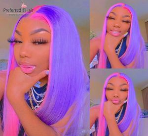 Glueless Straight Lace Front Wig Pink Pink Purple Highlight Preplucked Half Red Blonde Remy Brazilian Human Hair Wigs for Women3844771