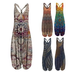 Vintage etniczny styl s4xl kobiety swobodne kwiatowe rompers luźne boho Jumpsuits print bez rękawów kombinezon 240301