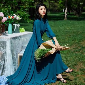 Casual Dresses Ladies Sundress Solid Color O Neck A Line Leisure Holiday Style Maxi Dress Plus Size Long Sleeve Women High Quality V220