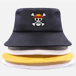 Tek Parça Kova Şapkası Panama Kapağı Korsan Kral Anime Luffy Harajuku Kadın Erkekler Pamuk Açık Güneş Koruyucu Geniş Kötü Şapkalar Kapaklar Q0805275J