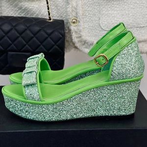 summer new arrive women wedge heel sandals runway designer high quality with Sequin cloth buckle strap high heel bling and sweet bow-knot decor female sandals