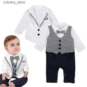 Jumpsuits New Fashion Beach Style Summer Baby Boys Romper Short Sleeve Gentleman Spädbarn Jumpsuit Nyfödd pojke Formella kläder L240307