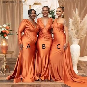 Vestidos Sexy Urbano Africano Plus Size Queimado Laranja Sereia Dama de Honra Nigéria Meninas Verão Convidado de Casamento Vestido V Pescoço Longo Maid of Honor Vestidos Puls Q240307