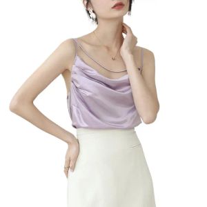 Camis Lavender Satin Silk Tank Topps Kvinna 2023 Sommar Sexig veckad modespaghettirem
