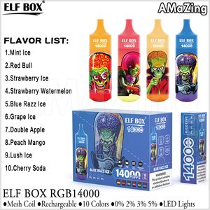 Elf Box RGB14000 Слойка 14K Одноразовые электронные сигареты Перезаряжаемые 14000 затяжек Сетчатая катушка Vape Pen Устройство Испарители 10 вкусов 0% 2% 3% 5% 25 мл Большие пары