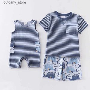 Jumpsuits Girlymax Spring Summer Baby Boys Plaid Stripe Butique Ubrania romper bawełniane szorty Zestaw rodzeństwa L240307