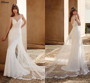 Spaghetti Straps Lace Mermaid Wedding Dresses For Women Roamantic Tulle Wrap Skirt Boho Garden Bridal Gowns Sexy Backless Bride Reception Robes de Mariee CL3359