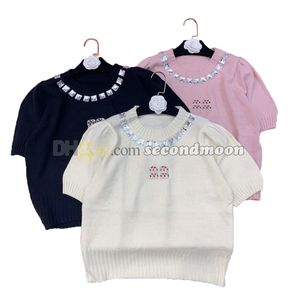 Crew Neck Knits Top Women Shiny Crystal Knitwear Short Sleeve Knitted T Shirt Spring Summer Tees