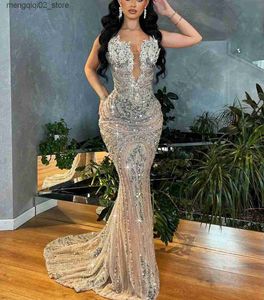 Abiti sexy urbani di lusso sirena prom senza maniche scollo a V appliques paillettes in rilievo 3D pizzo cavo lunghezza pavimento diamanti abito da sera da sposa Q240307