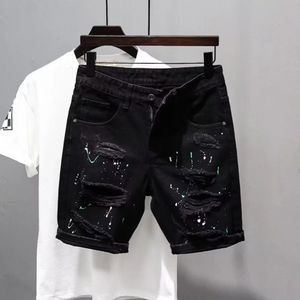 Summer Luxury Kpop Mens Y2K Streetwear Ripped Jeans Trendy Doting Ink Designer Estruerad Casual Boyfriend Black Denim Shorts 240307