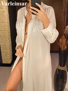 Cover-Up Summer Long Sleeve V Neck White Shirt Cotton Tunic Beach Cover Up Coverups Beach Dress Beach Wear Beachwear Female Women V4247