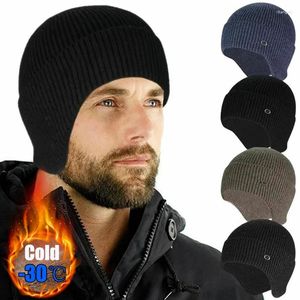 Berets masculinos gorros de lã de malha chapéus masculinos inverno tricô grosso gorro chapéu dupla camada cor sólida veludo quente bonnet boné