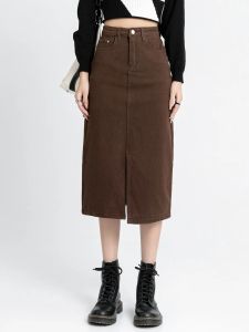 Skirt ZHISILAO New Brown High Waist Straight Denim Skirt for Women Vintage Black Split Fork Blue Long Bodycon Pencil Jean Skirt