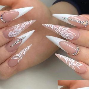 False Nails 24Pcs/Box With Designs Stiletto Artifical French Nail Tips White Rose Glitter Press On Diamond Drop Delivery Dhdby