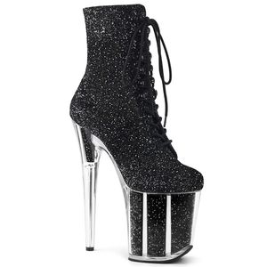 2024 Lady Sexy Glitter skórzane buty Martin 20cm grube wysokie obcasy Knight Kobiet Kolejne Botki Platforma okrągłe palec palec ślubnych buty