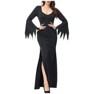 Dress Women'S Fashion Sexy V Neck Long Sleeve Party Costume Black Halloween Slit Long Dress Horn Sleeves Halloween Witch Dress Cosplay