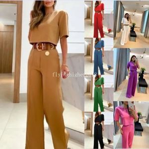 Women's Two Piece Pants Summer Sets For Women Fashion Solid Color Casual Wide-leg Short Sleeves Blouses Suits Elegant Commuting Office