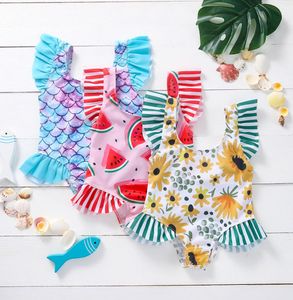 Barn Onepieces Clothing Mermaid Watermelon Sunflower Swim Sandy Beach Floral Fish Scales Fruit Print Swimwear Baby Girls Ruff4613153